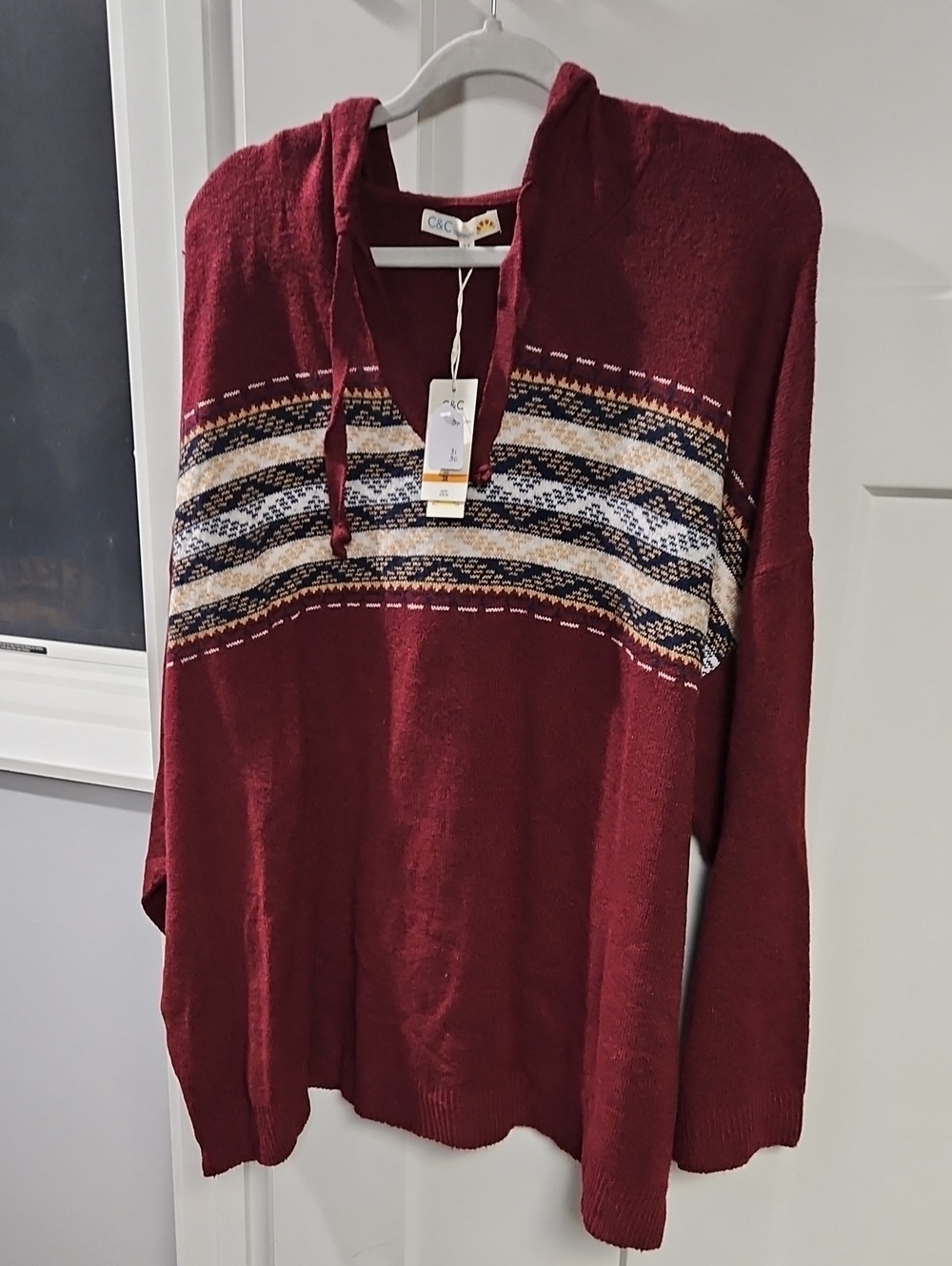 C&C California Burgundy Hooded Knit Sweater with Multistripe Detail